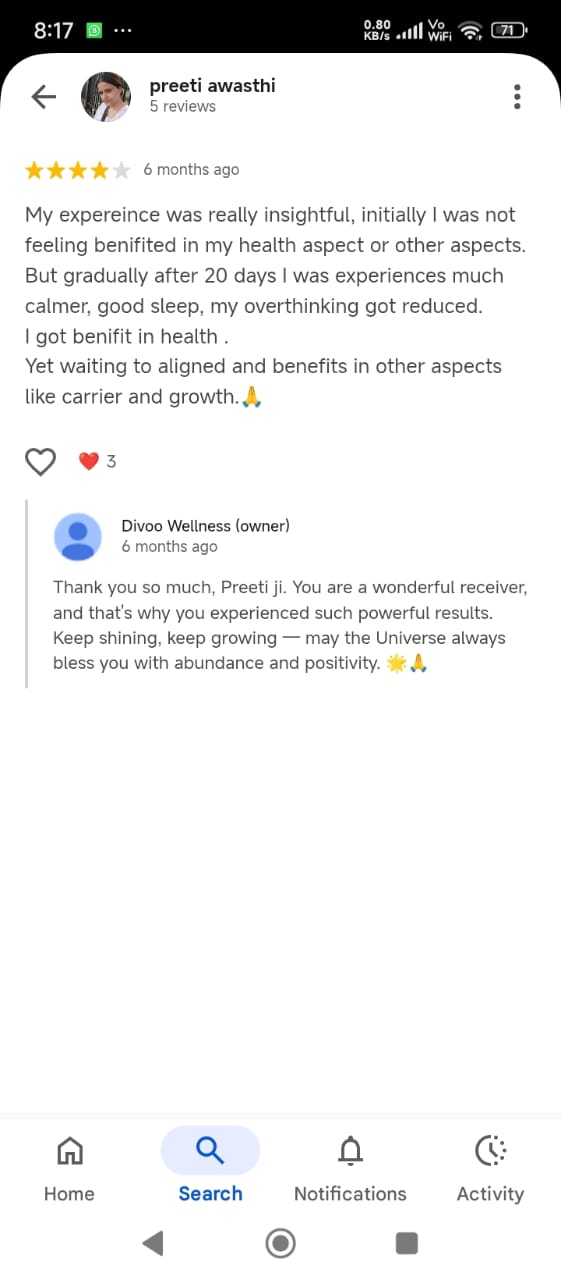 Preeti Awasthi's four-star review describing calmer sleep and reduced overthinking after twenty days