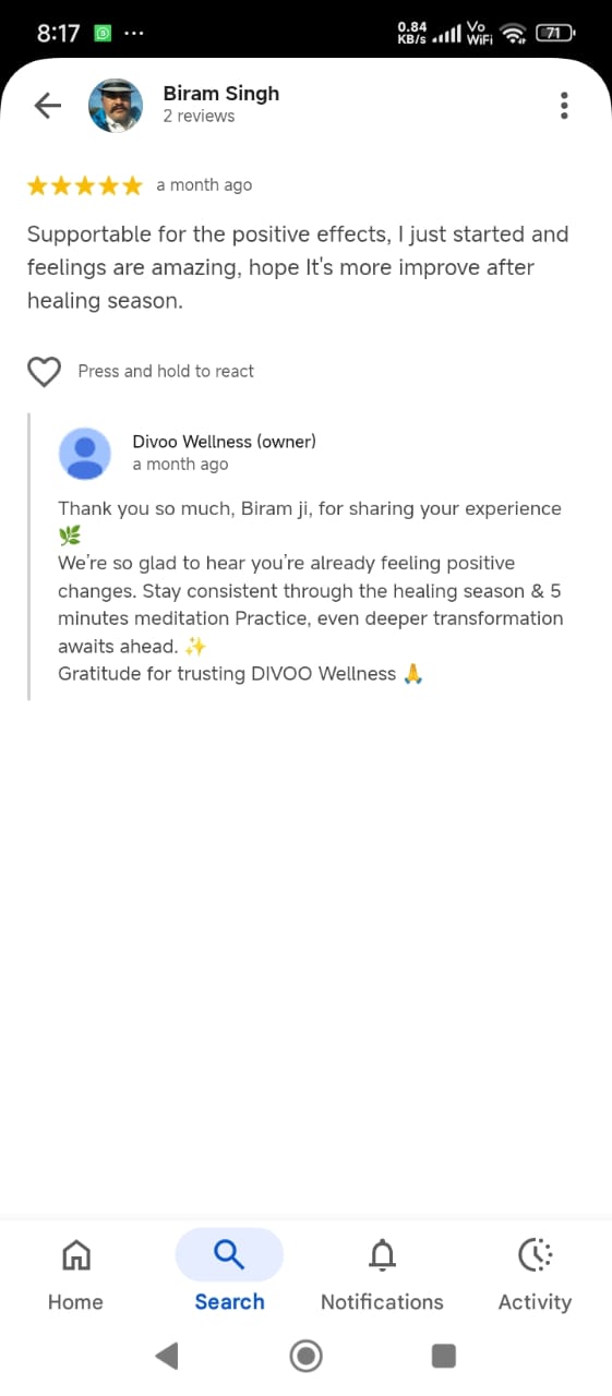 Biram Singh's five-star review describing supportable positive effects after starting healing